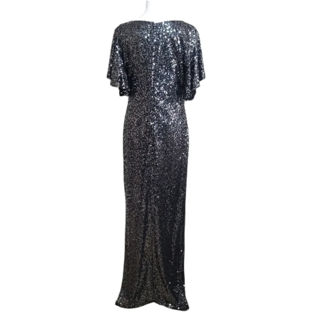 Marina Gunmetal Flutter Sleeve Sequined Formal Evening Dress, 14, Elegant, Party